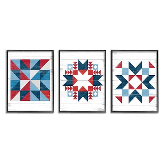 Stupell Industries Geometric Triangular Quilt Pattern Design Red White Blue in Frame Wall Art